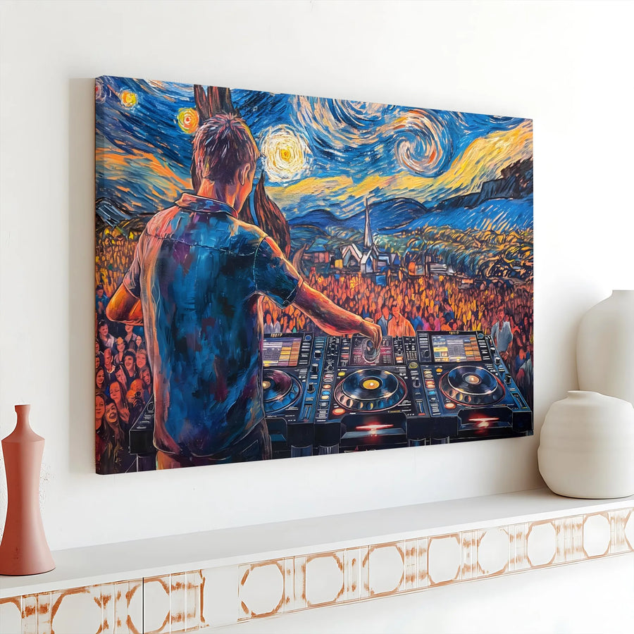 DJ Music Festival Canvas Print | Starry Night Impressionist Style Art | Premium Gallery Wrap Decor | Gift for Music Producers and EDM Fans