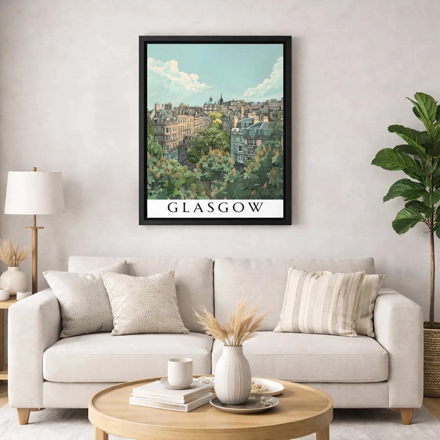 Glasgow Cityscape Wall Art | Vintage Travel Illustration Poster | Premium Gallery Wrapped Canvas | Scotland Travel Gift Home Decor