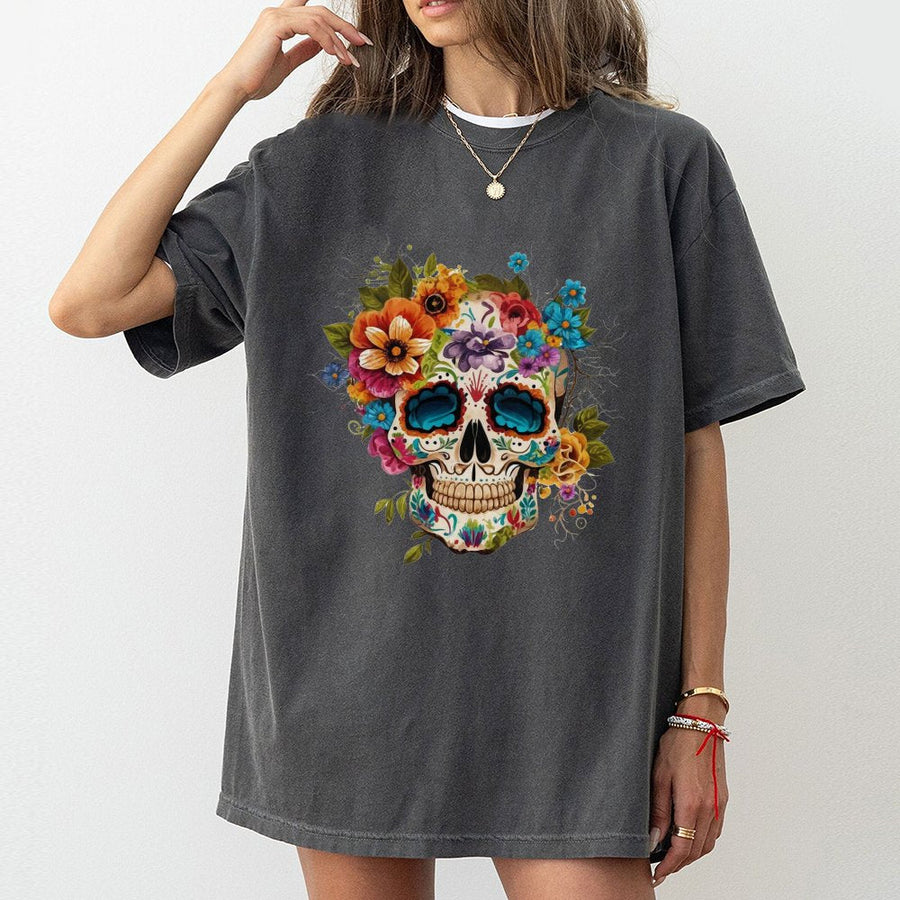 Sugar Skull T-Shirt | Floral Dia De Los Muertos Graphic | 100% Cotton Premium Tee | Boho Aesthetic Day Of The Dead Gift