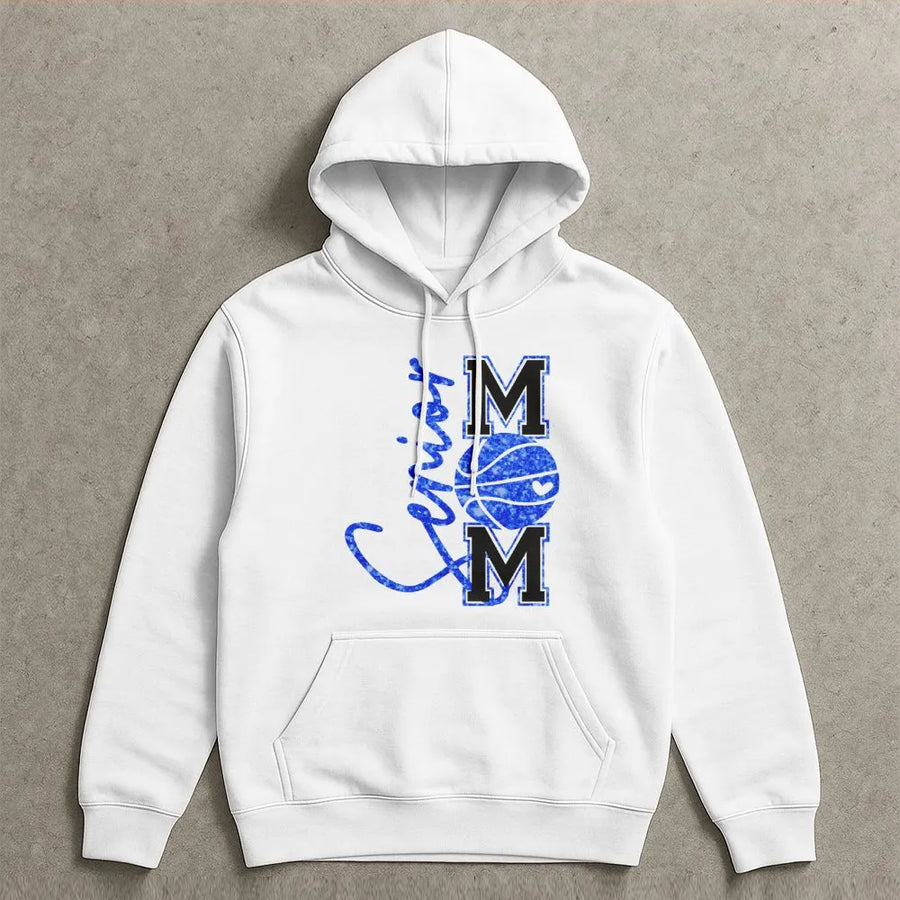 Senior Basketball Mom Hoodie | Glitter Basketball Graphic Design | Cotton-Blend Premium Apparel | Perfect Gift for Proud Basketball Moms