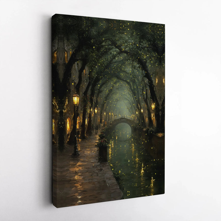 Enchanted Canal Canvas Print | Romantic Lamplit Riverwalk with Fireflies | Premium Gallery Wrapped Art | Living Room Wall Decor Gift