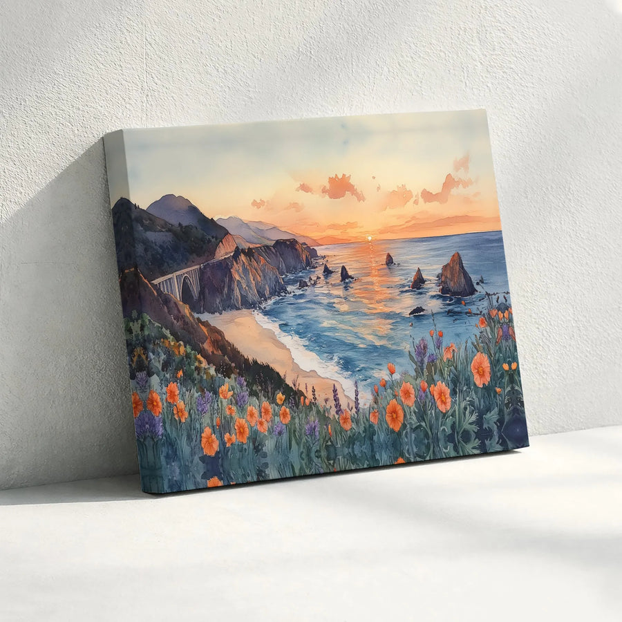 Big Sur Canvas Wall Art | Watercolor Bixby Bridge Sunset Painting | Premium Fade-Resistant Print | Living Room & Office Decor Gift
