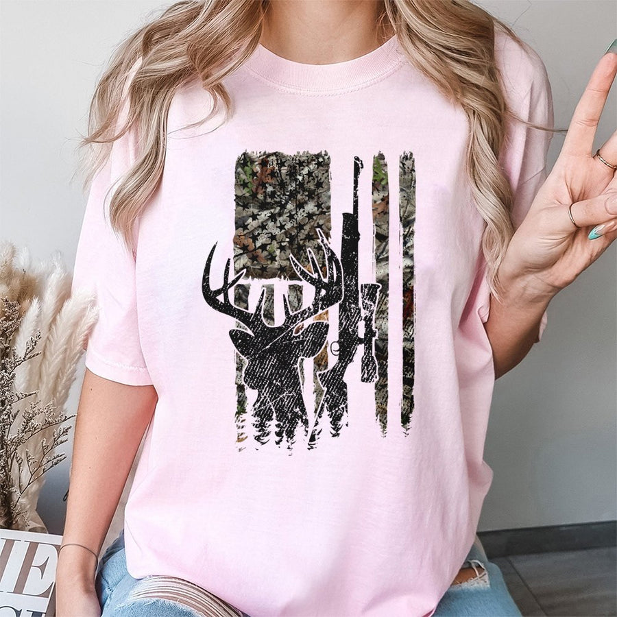 Deer Hunting T-Shirt | Patriotic American Flag Camo Buck Graphic | 100% Premium Cotton Tee | Gift for Hunters and Outdoorsmen