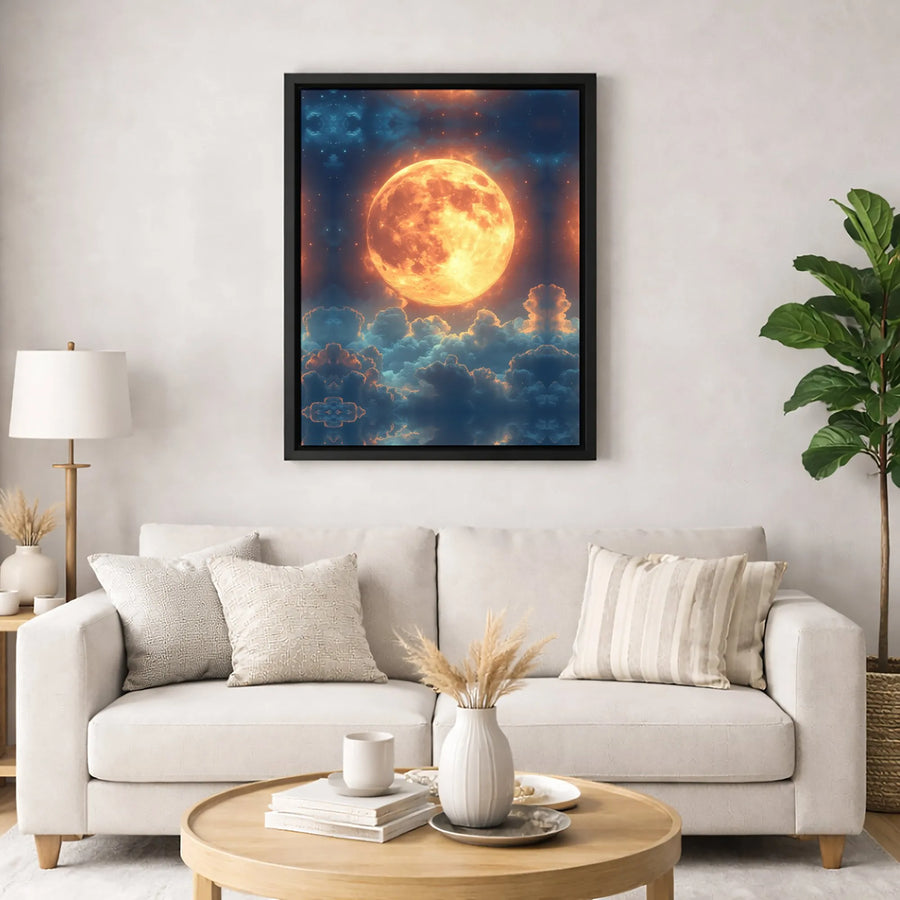 Full Moon Canvas Wall Art | Glowing Orange Celestial Night Sky | Premium Gallery Wrapped Print | Dreamy Home Decor for Bedroom or Living Room