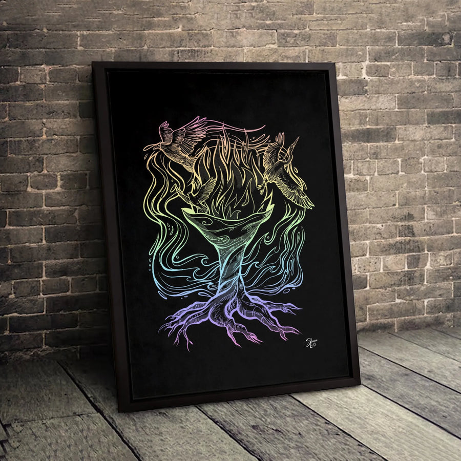 Tree Of Life Canvas Wall Art | Surreal Rainbow Gradient Birds And Whale Tail Root Print | Gallery Quality Premium Decor | Spiritual Home Gift