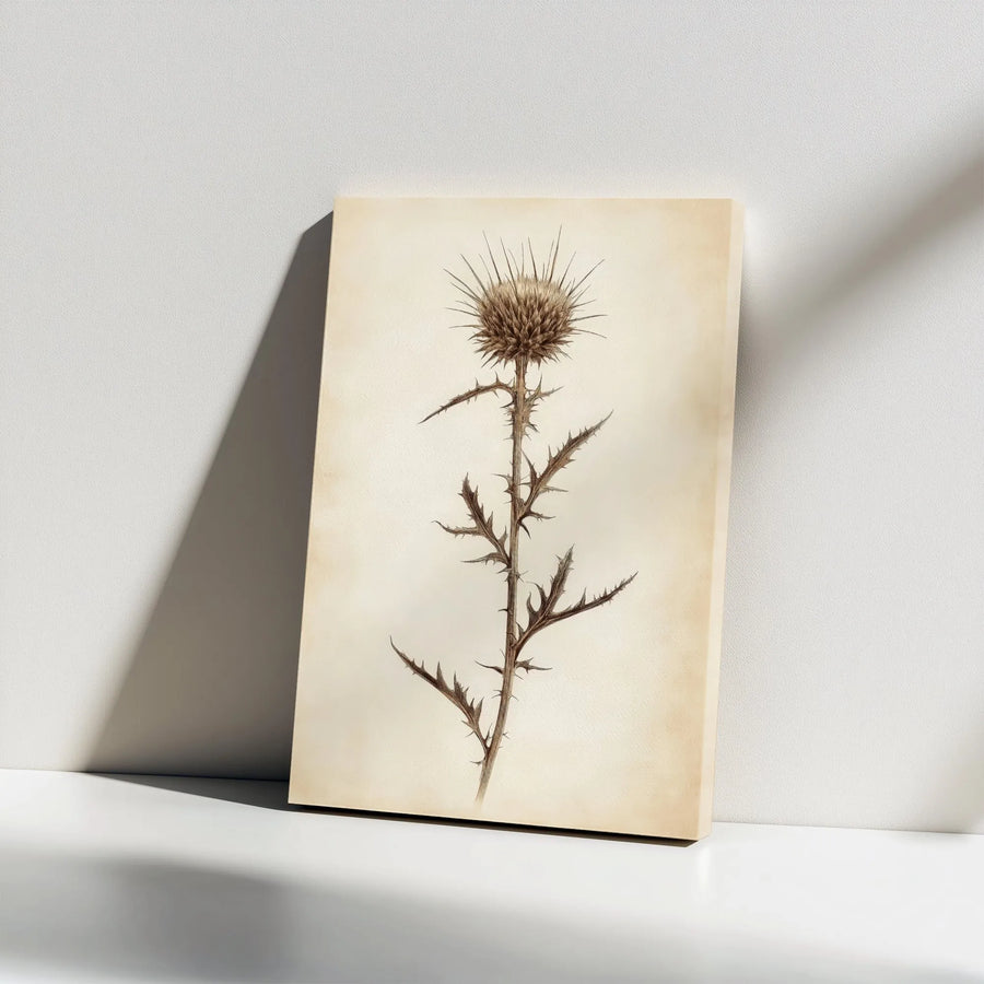Vintage Thistle Botanical Canvas Wall Art | Antique Style Floral Sketch Print | Premium Gallery Wrap Wooden Frame | Rustic Home & Office Decor Gift