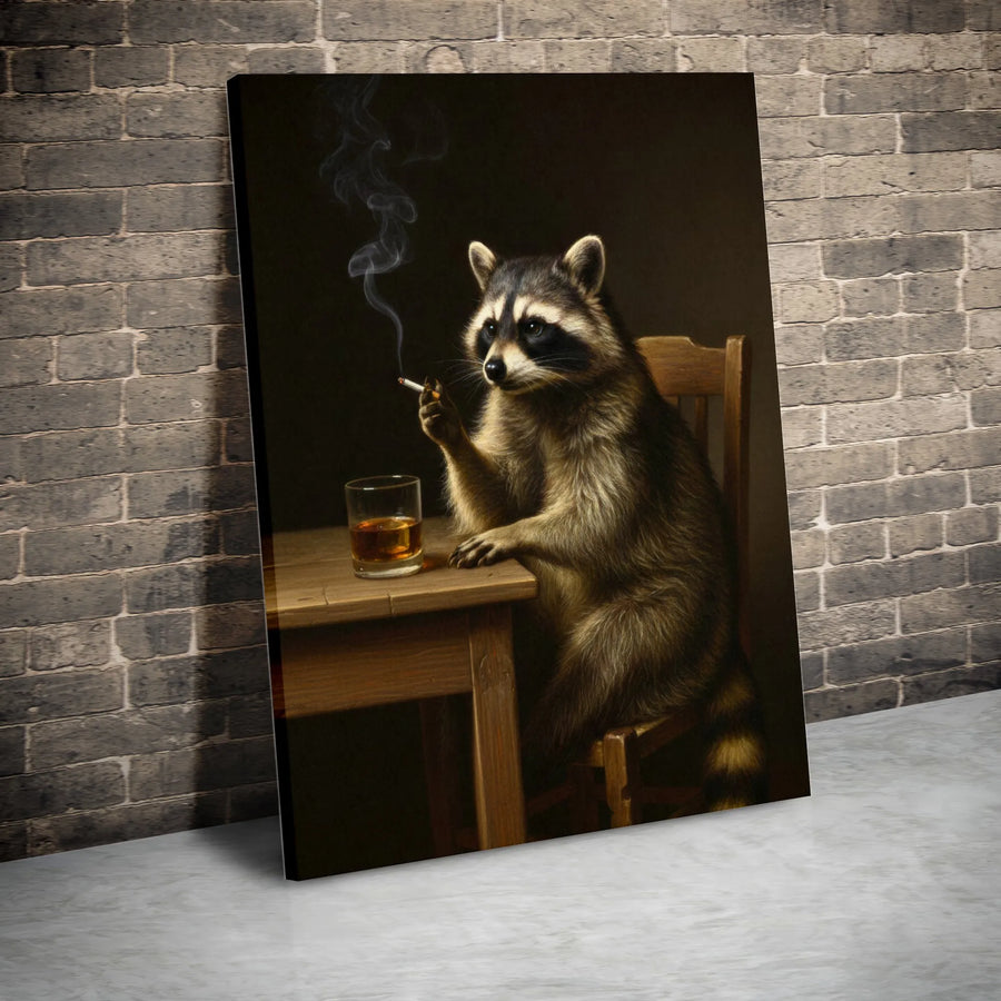 Raccoon Smoking Canvas Wall Art | Funny Animal Painting Portrait | Premium Thick Gallery Wrap | Unique Man Cave Decor & Bar Gift