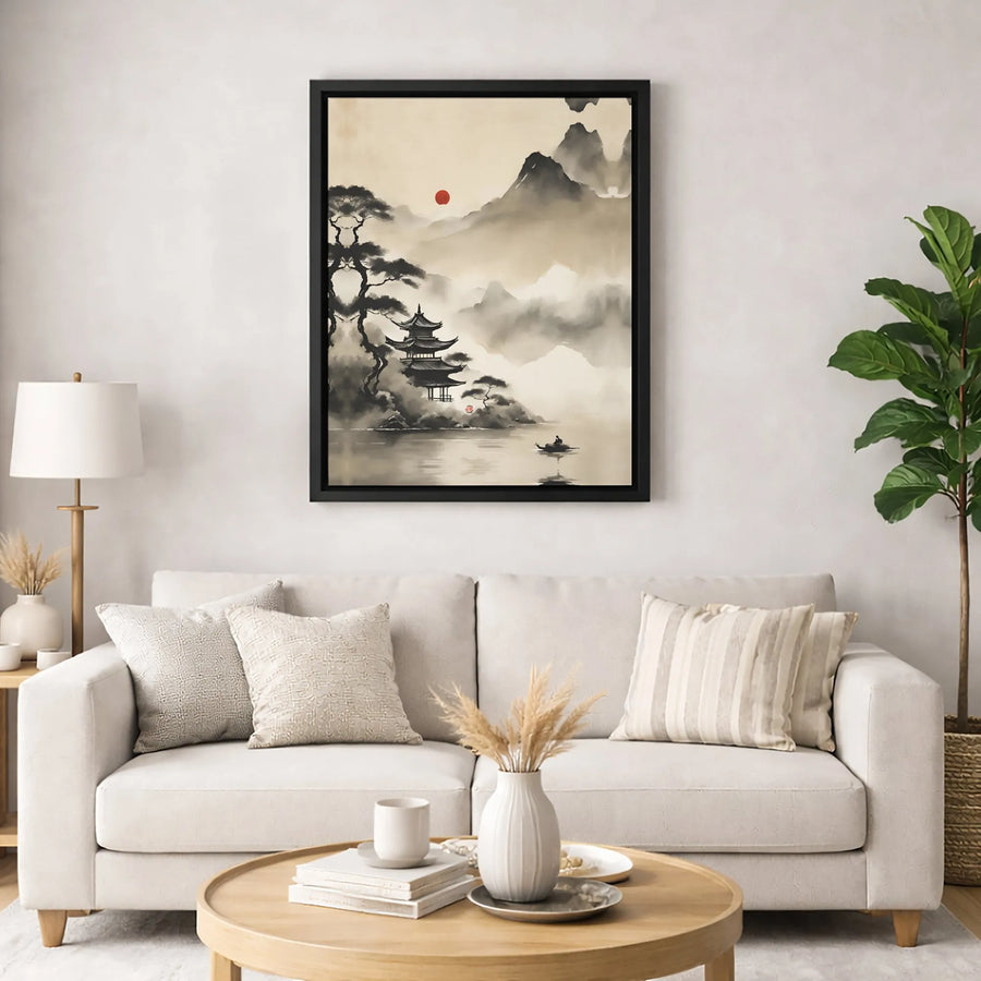 Japanese Ink Wash Painting Canvas | Pagoda Mountains & Red Sun Zen Wall Art | 1.25" Gallery Wrap | Premium Home Decor Gift