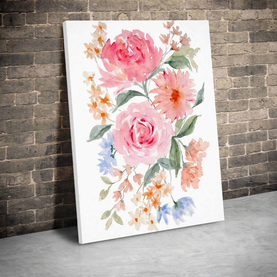 Watercolor Floral Bouquet Canvas Art | Pink Rose and Botanical Print | Premium Fade-Resistant Wall Decor | Elegant Home and Office Gift
