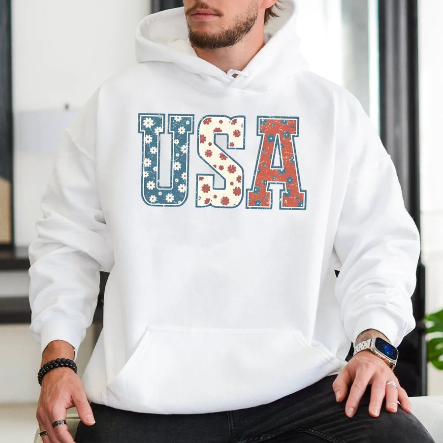 Retro USA Floral Hoodie | Vintage Distressed Patriotic Graphic | Premium Cotton Blend | 4th of July Independence Day Gift for Her