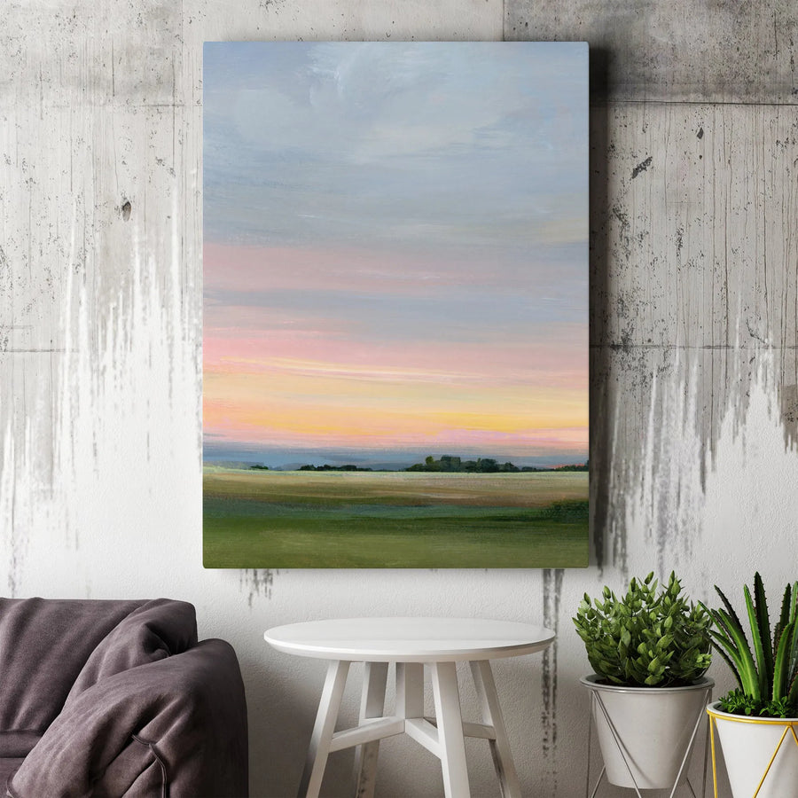Abstract Landscape Vertical Canvas | Pastel Sunset Over Green Hills | Premium Thick Gallery Wrap Canvas | Limited Edition Modern Home Decor