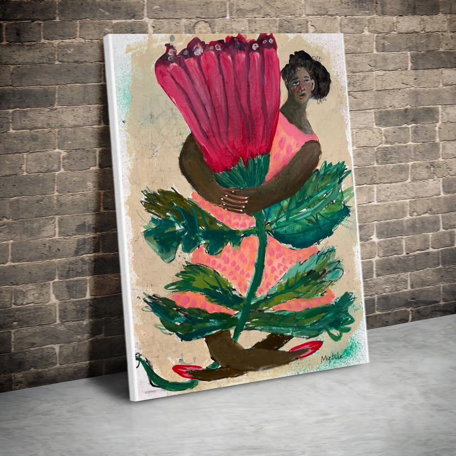 Black Woman Floral Art Vertical Canvas | Abstract Botanical Portrait Print | Premium 1.25" Thick Gallery Wrap | Afrocentric Home Decor Gift