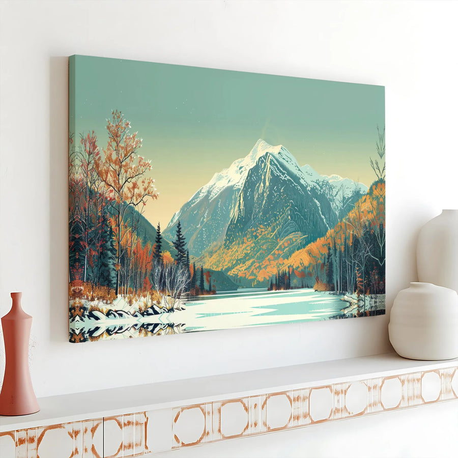 Mountain Lake Canvas Wall Art | Snowy Peaks And Autumn Forest Landscape | Premium Gallery Wrap Print | Nature Decor For Home Or Office