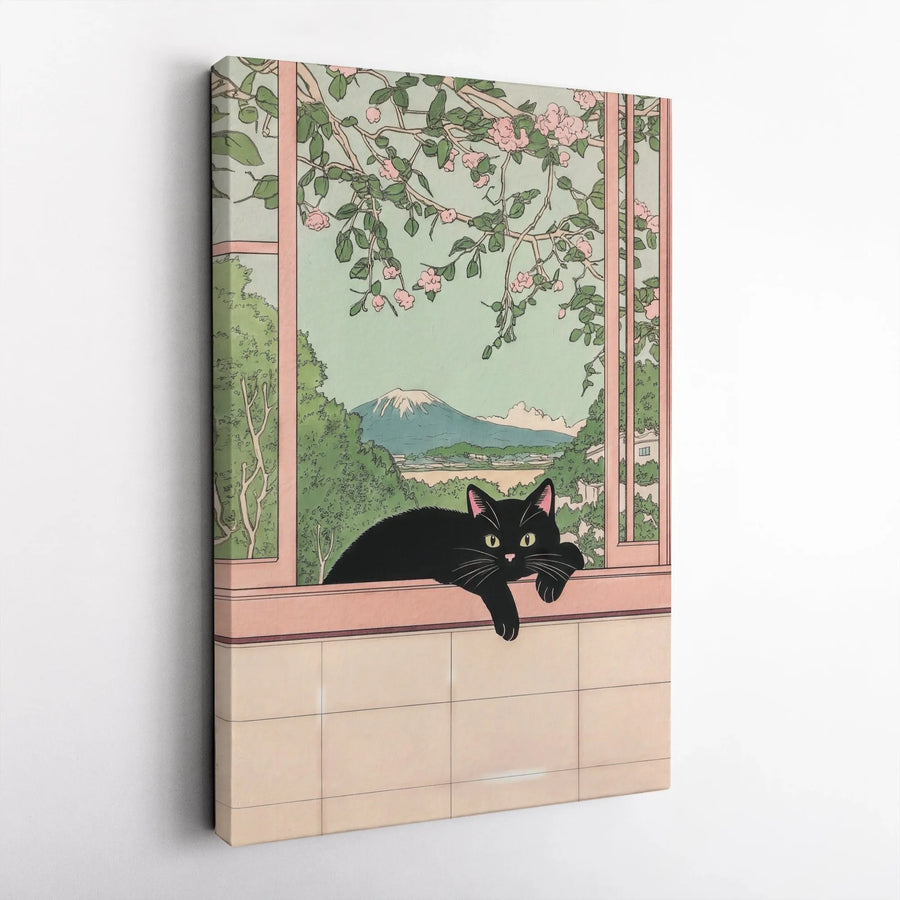 Black Cat Wall Art | Japanese Ukiyo-E Style Mount Fuji Landscape | Premium 1.25" Gallery Canvas | Aesthetic Home Decor Gift for Cat Lovers