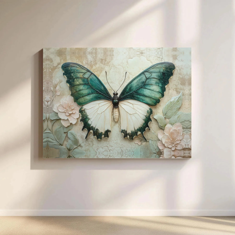 Teal Butterfly Canvas Wall Art | 3D Textured Floral Design | Premium Fade-Resistant Gallery Wrap | Elegant Nature Home Decor Gift