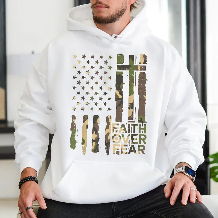 Faith Over Fear Hoodie | Camo American Flag Cross Graphic | Premium Cotton Blend Unisex Sweatshirt | Patriotic Christian Gift for Him or Her