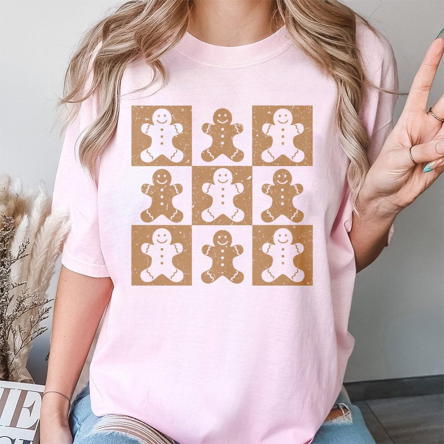 Gingerbread Man T-Shirt | Distressed Checkered Pattern | 100% Cotton Premium Tee | Cute Christmas Holiday Gift For Women And Men