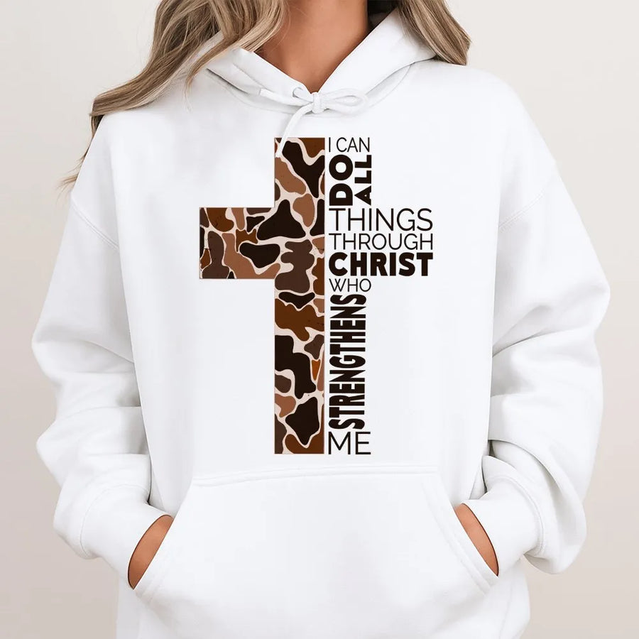 Philippians 4:13 Hoodie | Camo Cross Graphic Sweatshirt | Premium Cotton-Poly Blend | Religious Faith Gift for Men and Women