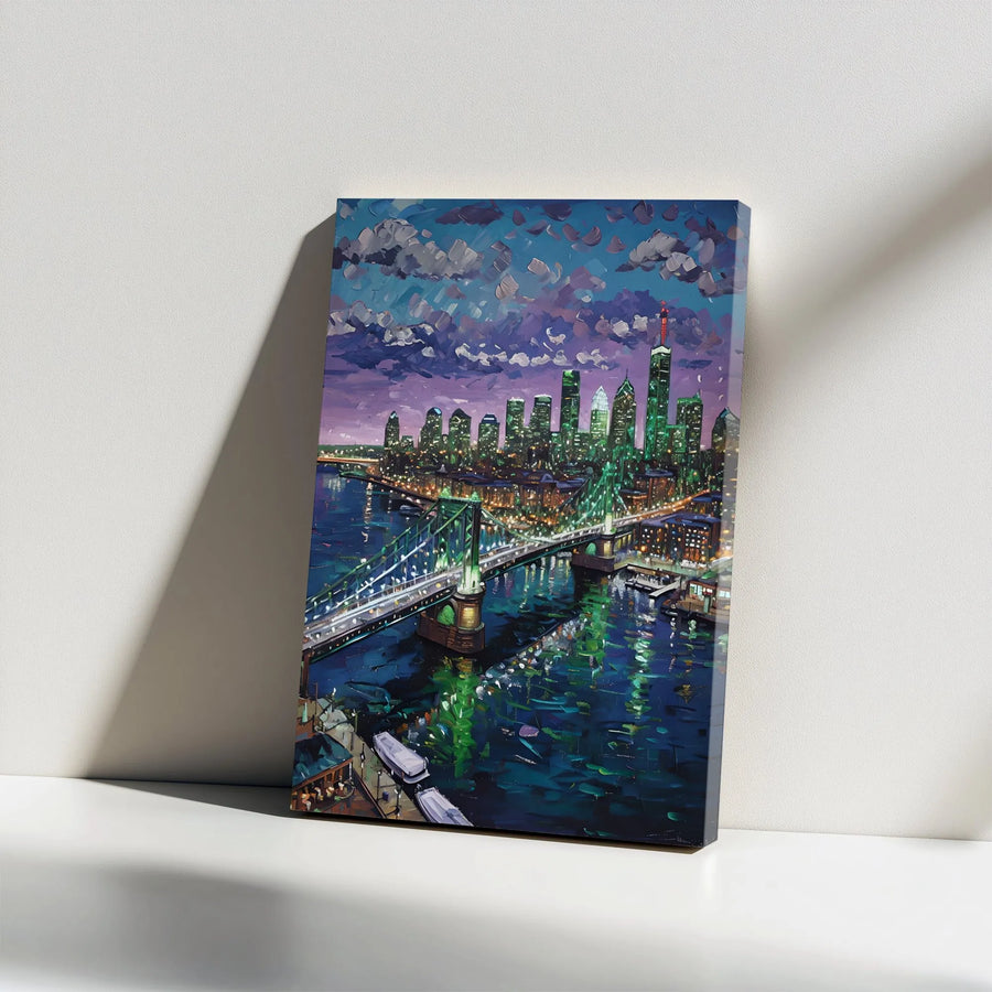 Philadelphia Skyline Canvas Wall Art | Benjamin Franklin Bridge Impressionist Night View | Premium Gallery Wrap | Cityscape Decor Gift For Home Office