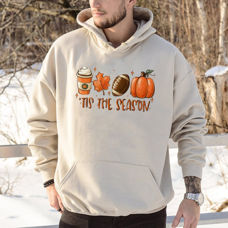 Tis The Season Fall Hoodie | Autumn Pumpkin Spice Graphic | Soft Cotton-Polyester Blend | Trendy Women’s Cozy Thanksgiving Outfit Gift