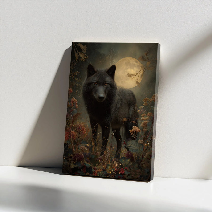 Mystical Black Wolf Vertical Canvas | Enchanted Full Moon Forest Scene | Premium Gallery Quality Print | Wall Art Gift for Wildlife Lover