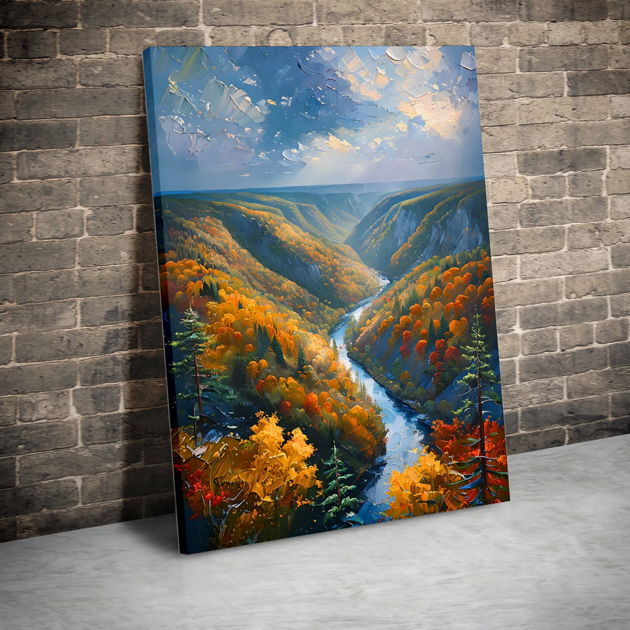 Autumn River Valley Canvas Wall Art | Impasto Fall Foliage Landscape | Premium Fade-Resistant Print | Gallery-Quality Home Decor Gift