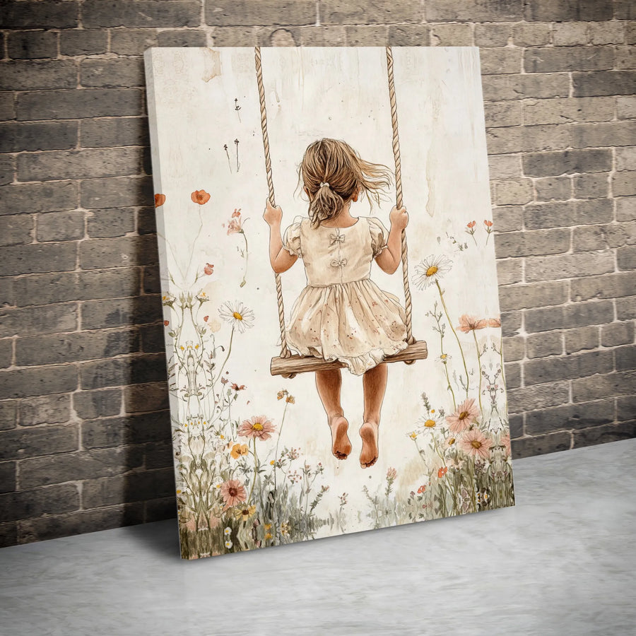 Girl on Swing Canvas Wall Art | Watercolor Wildflower Meadow | Premium Gallery Wrapped Canvas | Nursery & Girls Room Decor Gift
