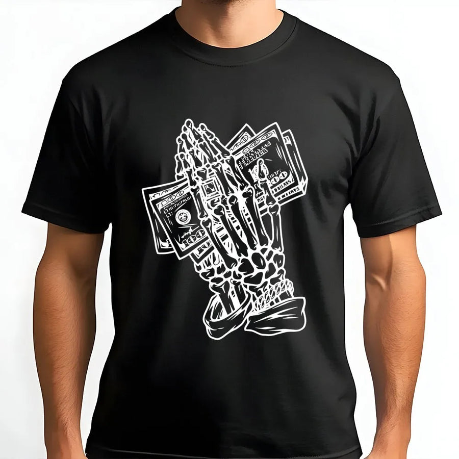 Skeleton Prayer Money T-Shirt | Edgy Gothic Streetwear Graphic | Premium Soft Cotton | Unisex Hip Hop Gift for Men and Women