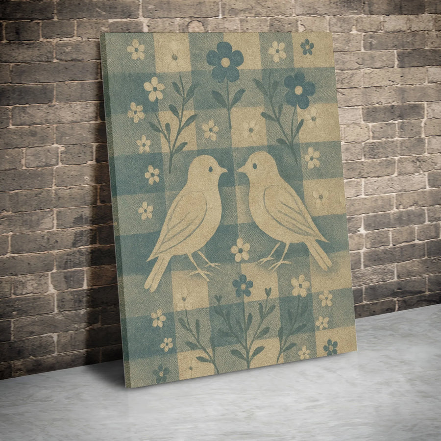 Folk Art Lovebirds Canvas Wall Art | Blue Gingham Farmhouse Print | Premium 1.25-inch Thick Gallery Wrap | Cute Cottagecore Home Decor Gift
