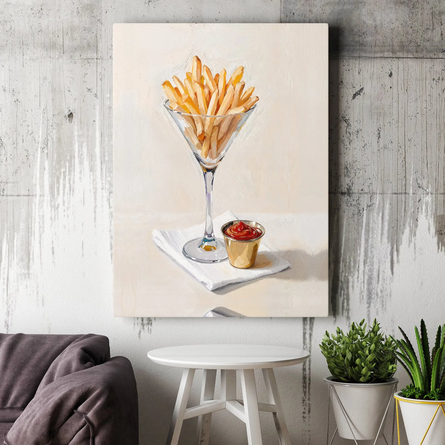 French Fries Martini Glass Canvas Print | Oil Painting Style Food Art | Gallery Wrap Wall Decor | Unique Kitchen Dining Room Gift