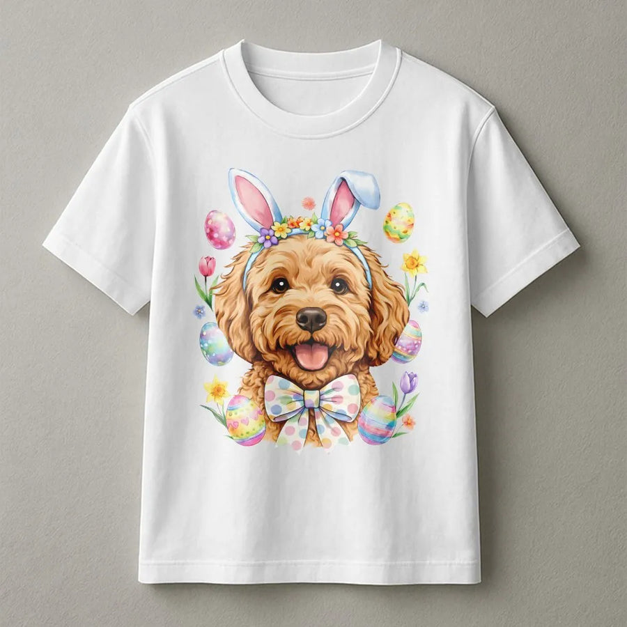 Easter Dog T-Shirt | Cute Goldendoodle Bunny Ears Graphic | 100% Premium Cotton Tee | Dog Mom Spring Gift Idea