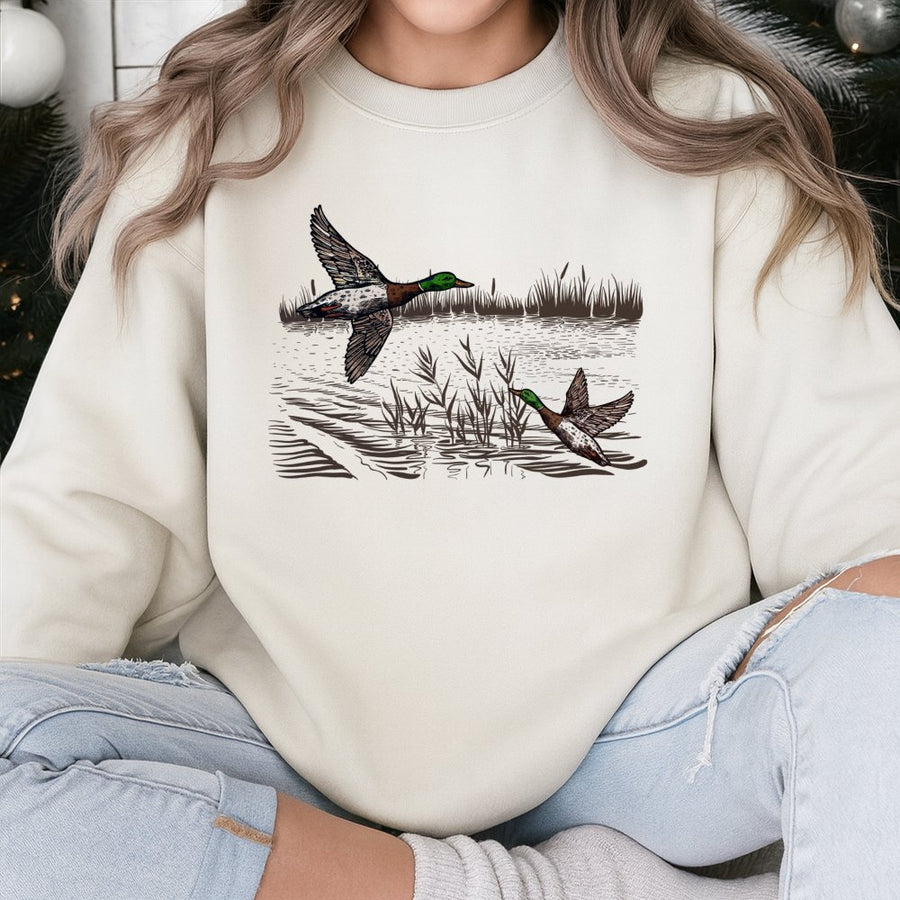 Duck Hunting Sweatshirt | Vintage Mallard Flying Wildlife Print | Cotton Blend Crewneck | Outdoorsman Nature Lover Gift