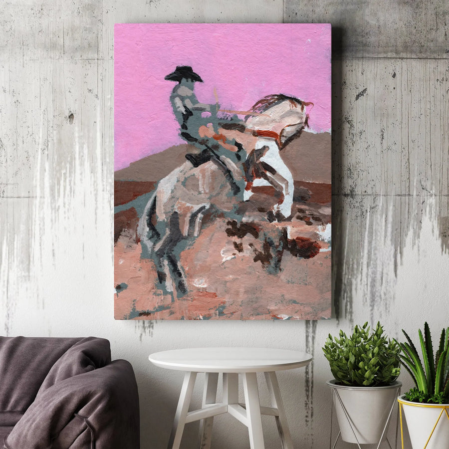 Rodeo Cowboy Vertical Canvas | Abstract Bucking Bronco Painting | Premium Gallery Wrapped Print | Modern Western Home Decor Gift