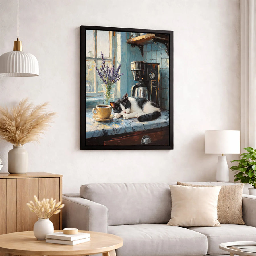 Sleeping Cat Canvas Art | Impressionist Kitchen Decor with Lavender and Coffee | Premium 1.25-Inch Gallery Wrap | Cozy Home Wall Decor Gift