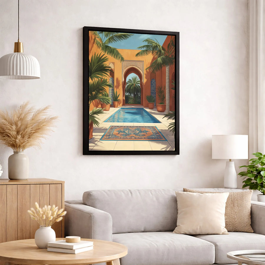 Moroccan Riad Canvas Print | Mediterranean Courtyard With Pool Art | Premium 1.25" Gallery Wrap | Boho Home Decor Gift For Travel Lovers