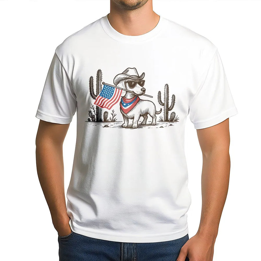 Patriotic Cowboy Dachshund T-Shirt | Funny USA Flag Wiener Dog Graphic | Soft Cotton Unisex Tee | Gift for Dog Lovers on July 4th