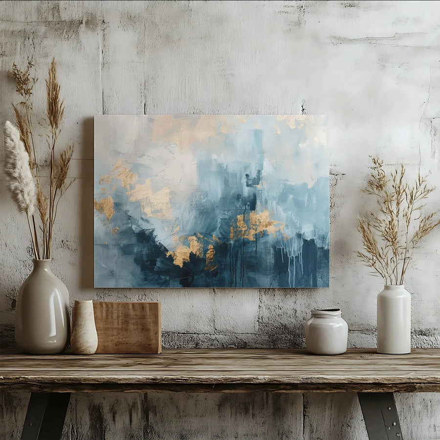 Abstract Blue and Gold Canvas Wall Art | Textured Navy Gold Foil Style Print | Gallery Wrap 1.25-inch Frame | Modern Living Room Home Decor