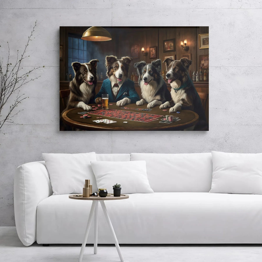 Border Collies Playing Poker Canvas Wall Art | Funny Dog Drinking Beer Print | Premium Gallery Wrapped Decor | Unique Gift for Dog Lovers