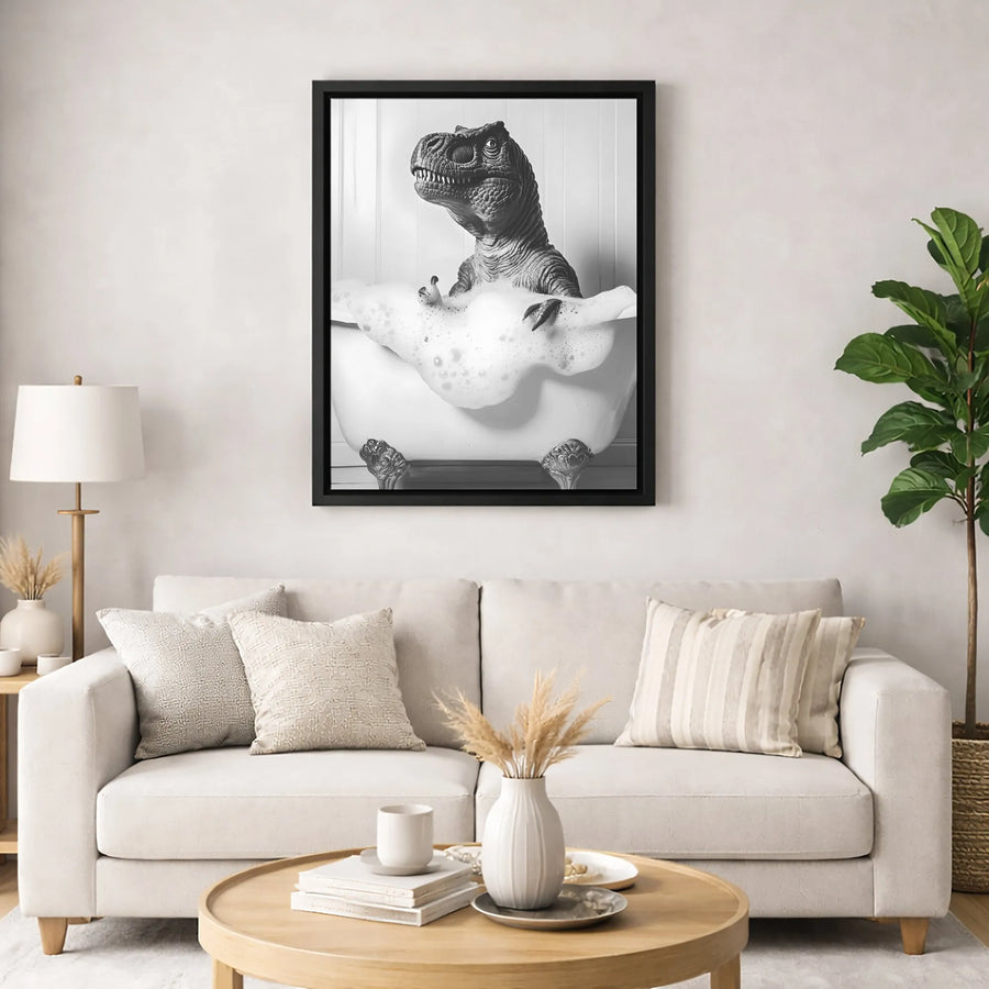 T-Rex Bubble Bath Canvas Wall Art | Funny Dinosaur Bathroom Decor | Premium Gallery Wrap Print | Whimsical Animal Home Gift