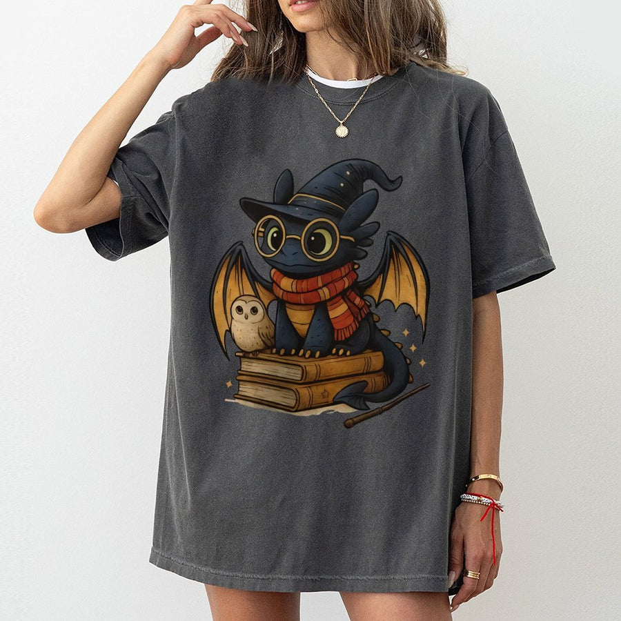 Wizard Dragon T-Shirt | Cute Fantasy Creature Reading Books Graphic | Premium 100% Cotton Tee | Magical Bookworm Gift for Readers