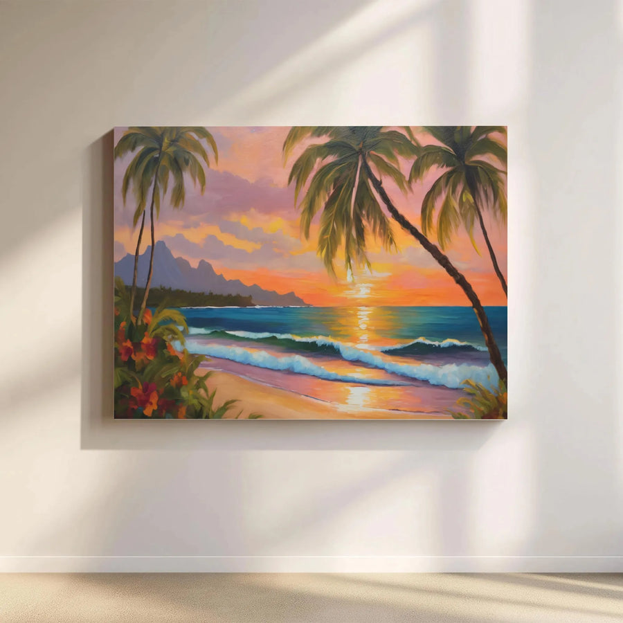 Tropical Beach Sunset Canvas Print | Coastal Palm Tree Oil Painting Art | Premium Gallery Wrap 1.25" Frame | Relaxing Beach House Wall Decor Gift