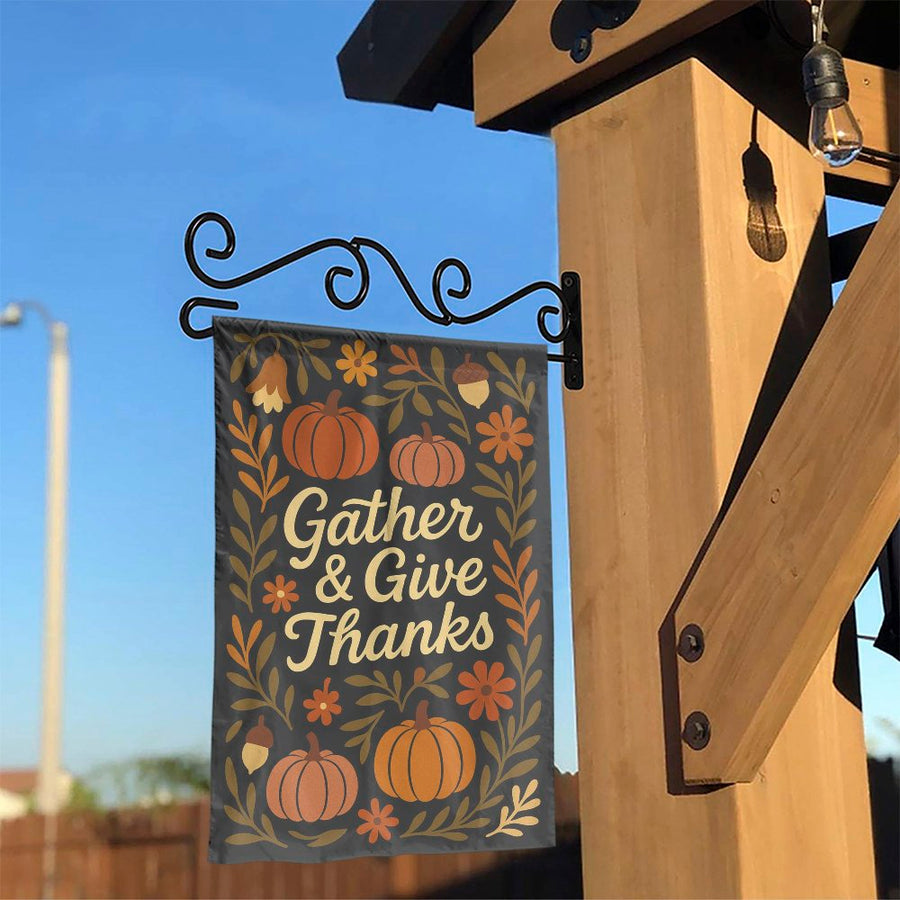 Gather And Give Thanks Garden Flag | Autumn Pumpkin Floral Outdoor Banner | Durable Polyester Yard Decor | Thanksgiving Seasonal Holiday Gift