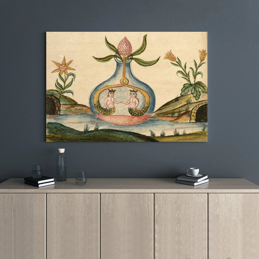 Alchemy Folk Art Canvas Print | Crowned Mermen In Glass Vase Design | Premium Gallery Wrap Wall Art | Esoteric Mystical Decor For Home