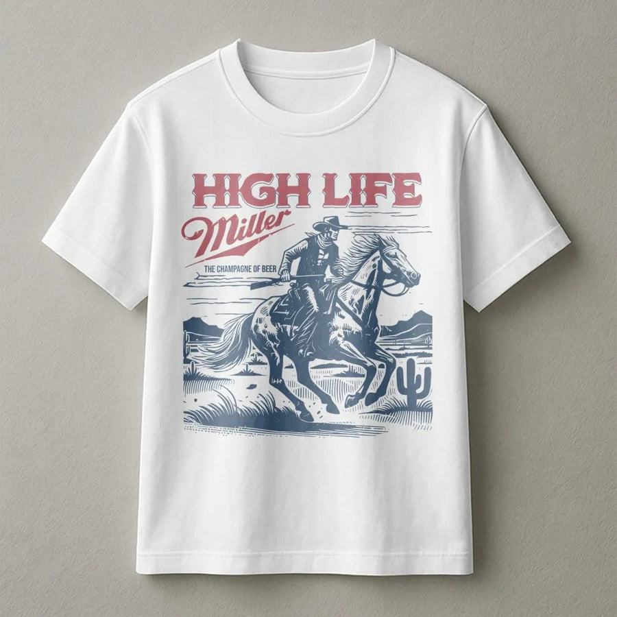 Miller High Life T-Shirt - Featuring Front Red Miller Logo, And Back Graphic Of Cowboy On Horse In Desert Scene With The Champagne