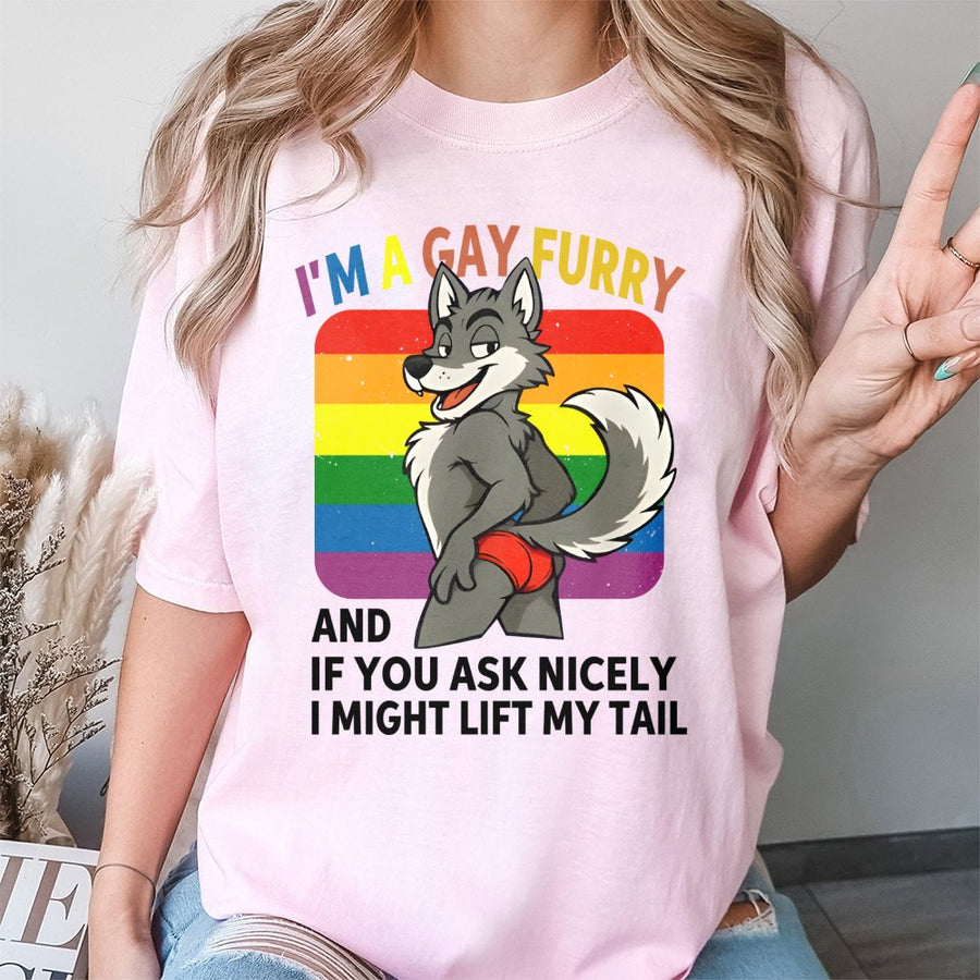Gay Furry Pride T-Shirt | Funny Rainbow Wolf Graphic Design | 100% Cotton Premium Unisex Tee | LGBTQ Pride Gift for Furry Fandom Fans