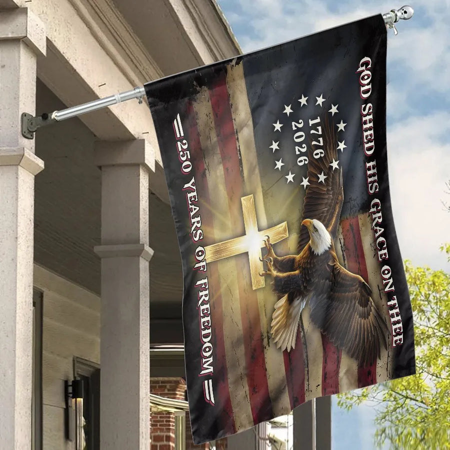 Patriotic Christian House Flag | 250 Years of Freedom USA 250th Anniversary Eagle and Cross | Double-Sided Premium Weatherproof Polyester | Premium American Pride Gift