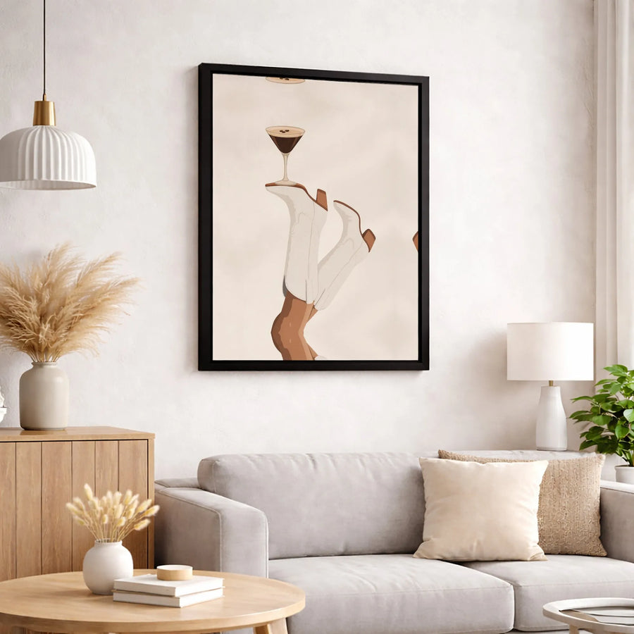 Espresso Martini Wall Art | White Cowboy Boots Print | Premium Gallery Wrapped Canvas | Western Bar Cart Decor & Aesthetic Kitchen Gift