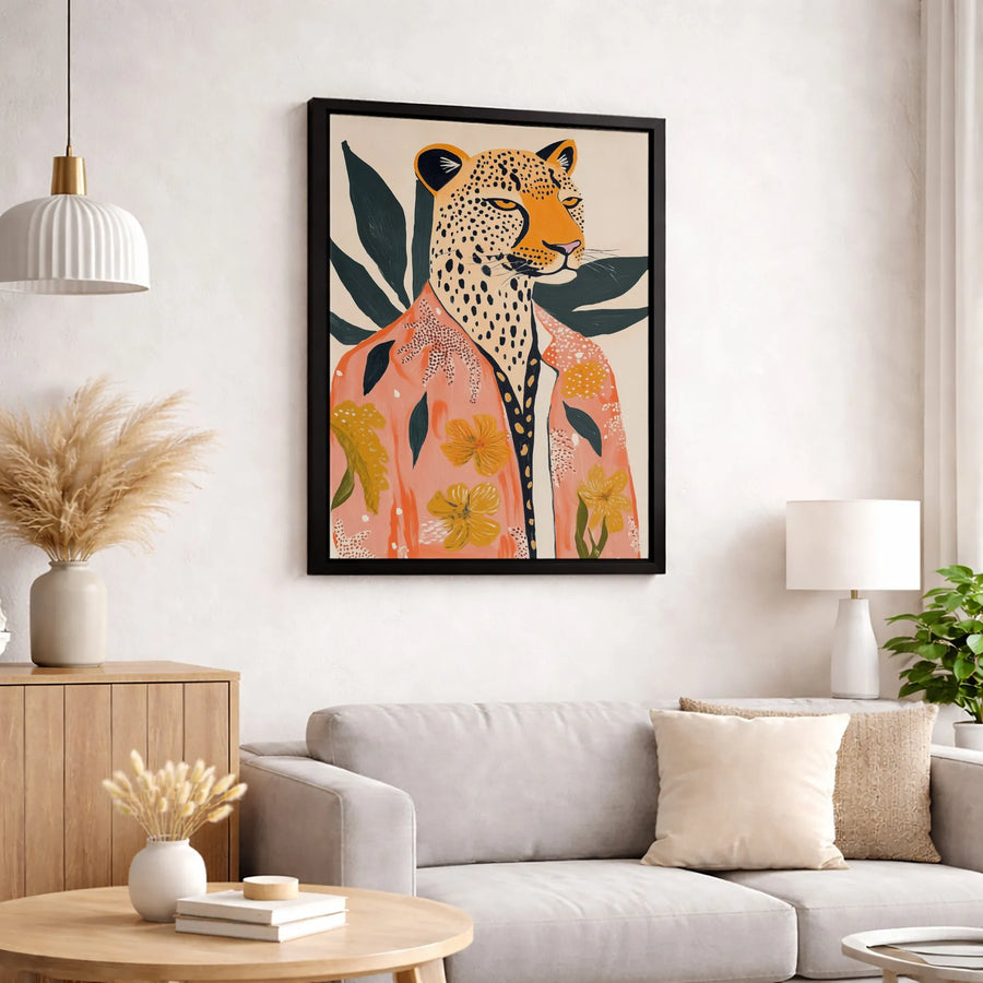 Leopard Portrait Canvas Art | Boho Pink Floral Jacket Print | Premium Gallery Wrapped Wall Decor | Whimsical Animal Home Gift