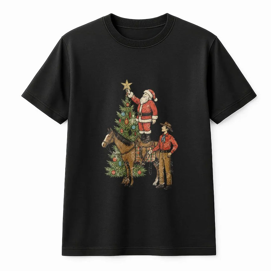 Western Christmas T-Shirt | Cowboy Santa Riding Horse Graphic | Premium Cotton Graphic Tee | Festive Holiday Gift For Men And Women