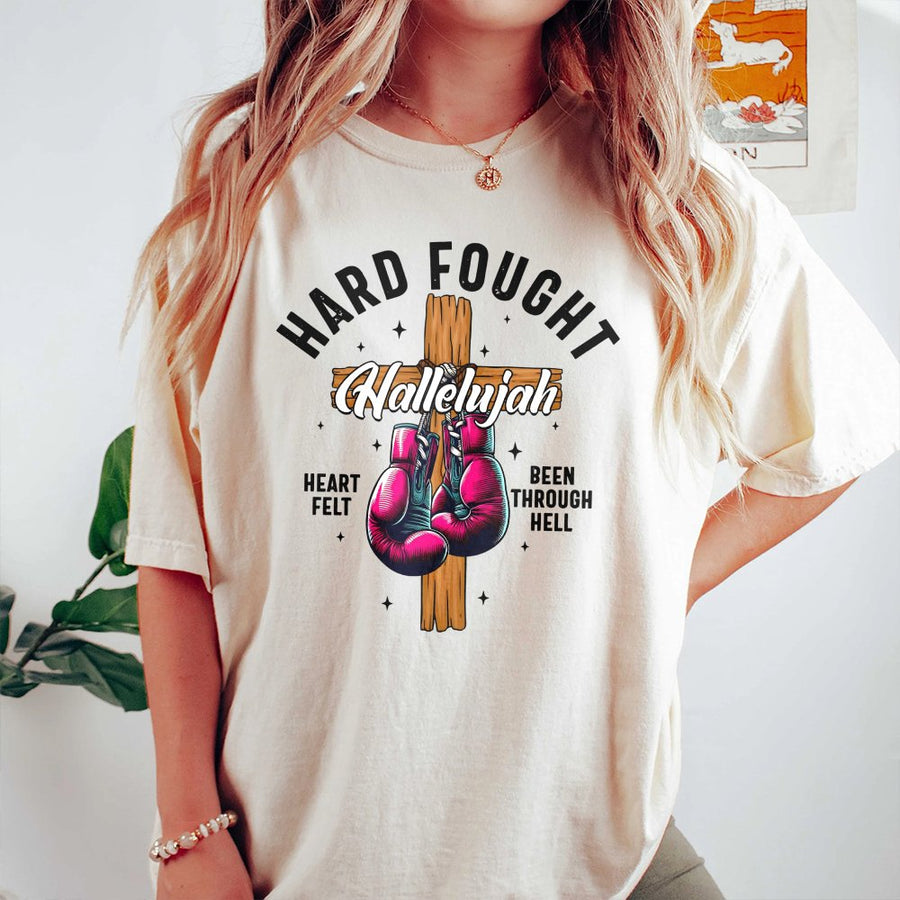 Hard Fought Hallelujah T-Shirt | Christian Boxing Gloves Cross Graphic | Premium 100% Cotton Tee | Faith-Inspired Gift for Believers